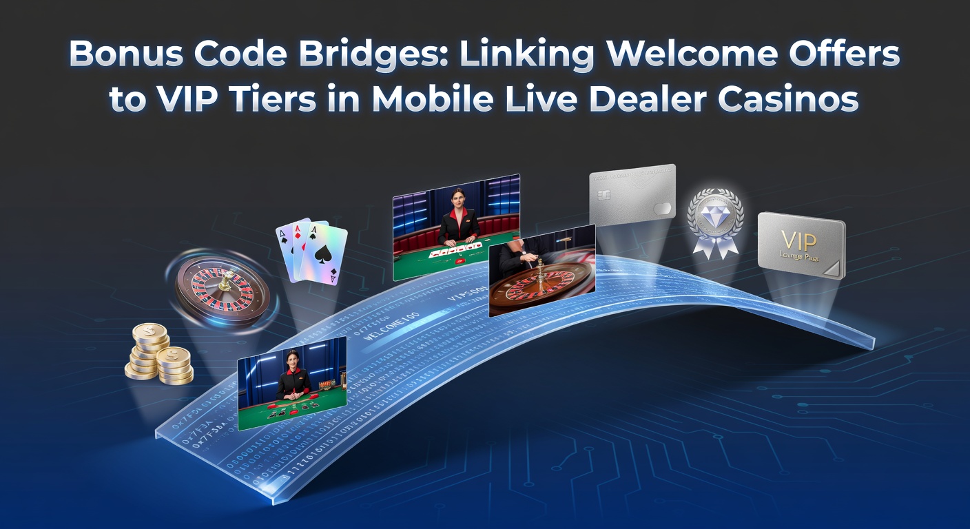 Grafische weergave van een bonuscode die een brug slaat tussen een welkomstbonus en VIP-niveaus in een mobiel live casino, met symbolen voor free spins, live dealers en gouden trappen