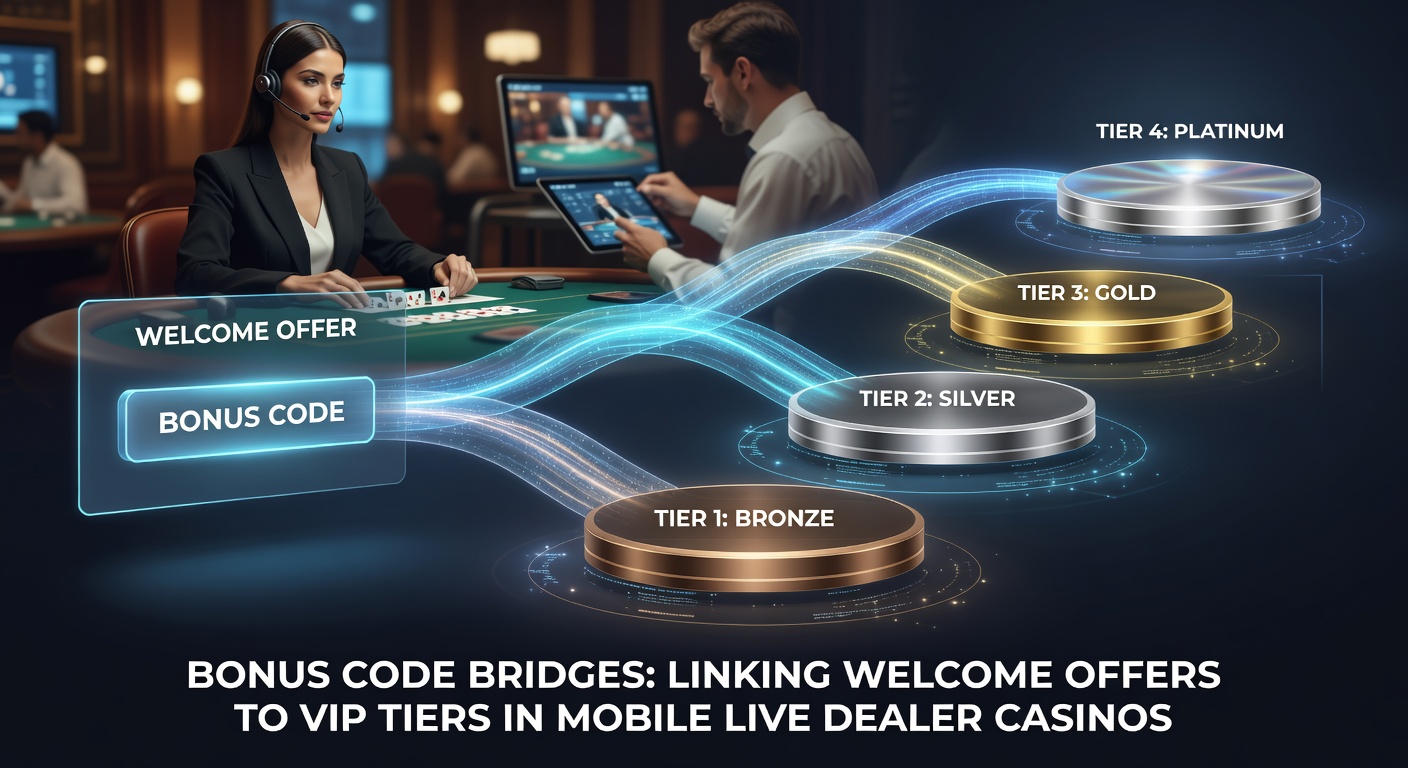 Voorbeeld van een VIP-ladder in een mobiel casino-app, met bonuscodes die spelers van welkomstniveau naar top-tier voordelen leiden, inclusief live dealer iconen en free spin symbolen