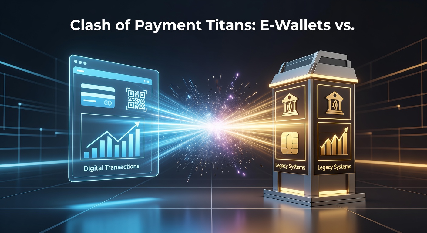 Grafiek met staafdiagrammen die transactievolumes van e-wallets en bankkaarten vergelijken, met pijlen die groei in e-wallet-gebruik aangeven tot 2026