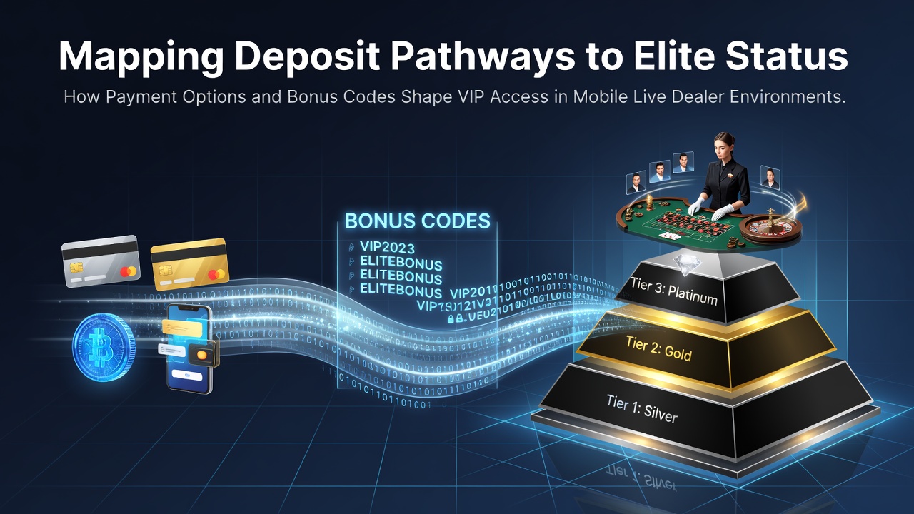 Diagram showing deposit pathways and VIP progression in mobile live dealer environments with payment icons and bonus code flows