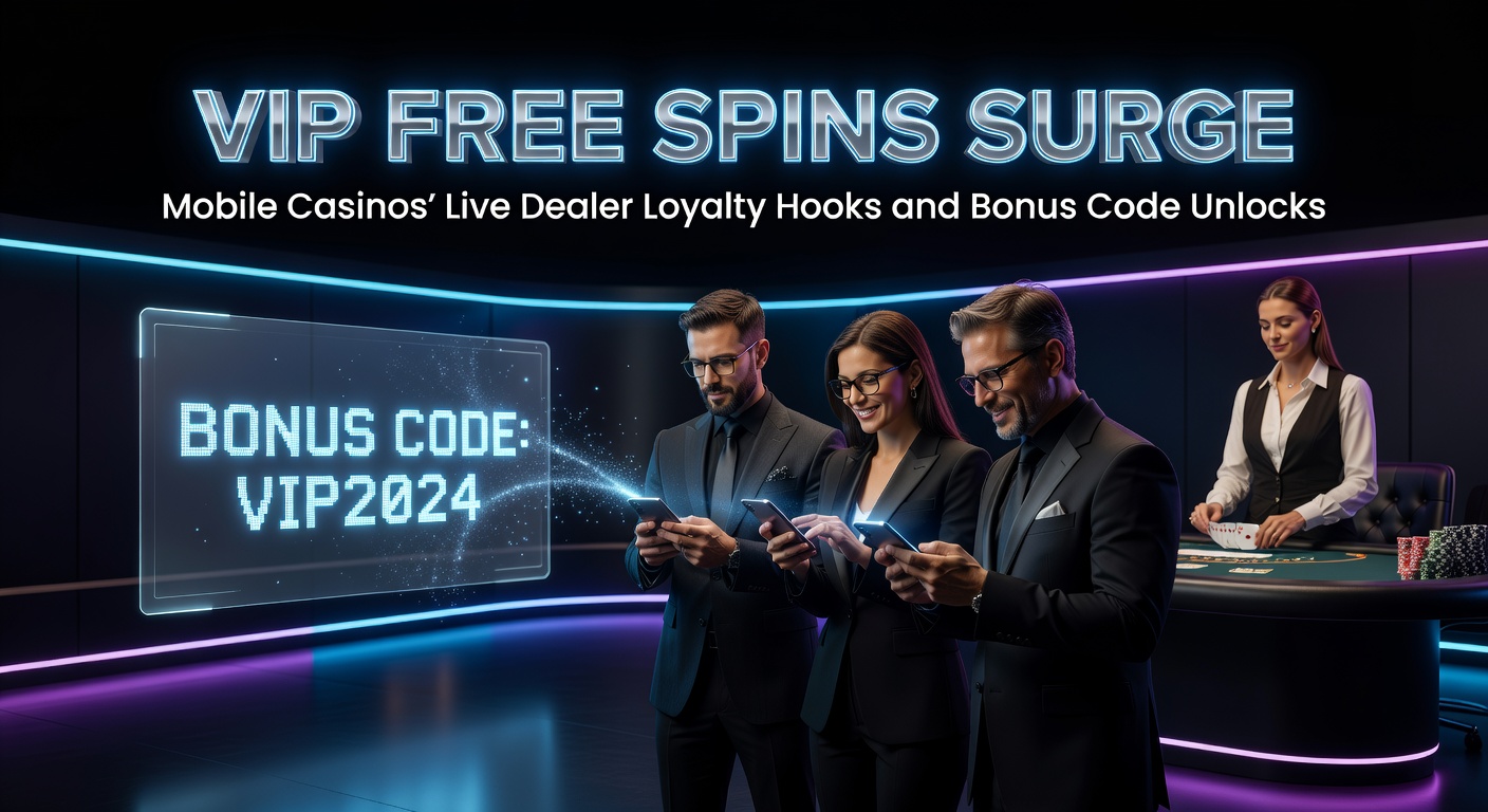 Schermafbeelding van een mobiel casino met VIP free spins promotie en live dealer tafels vol actie